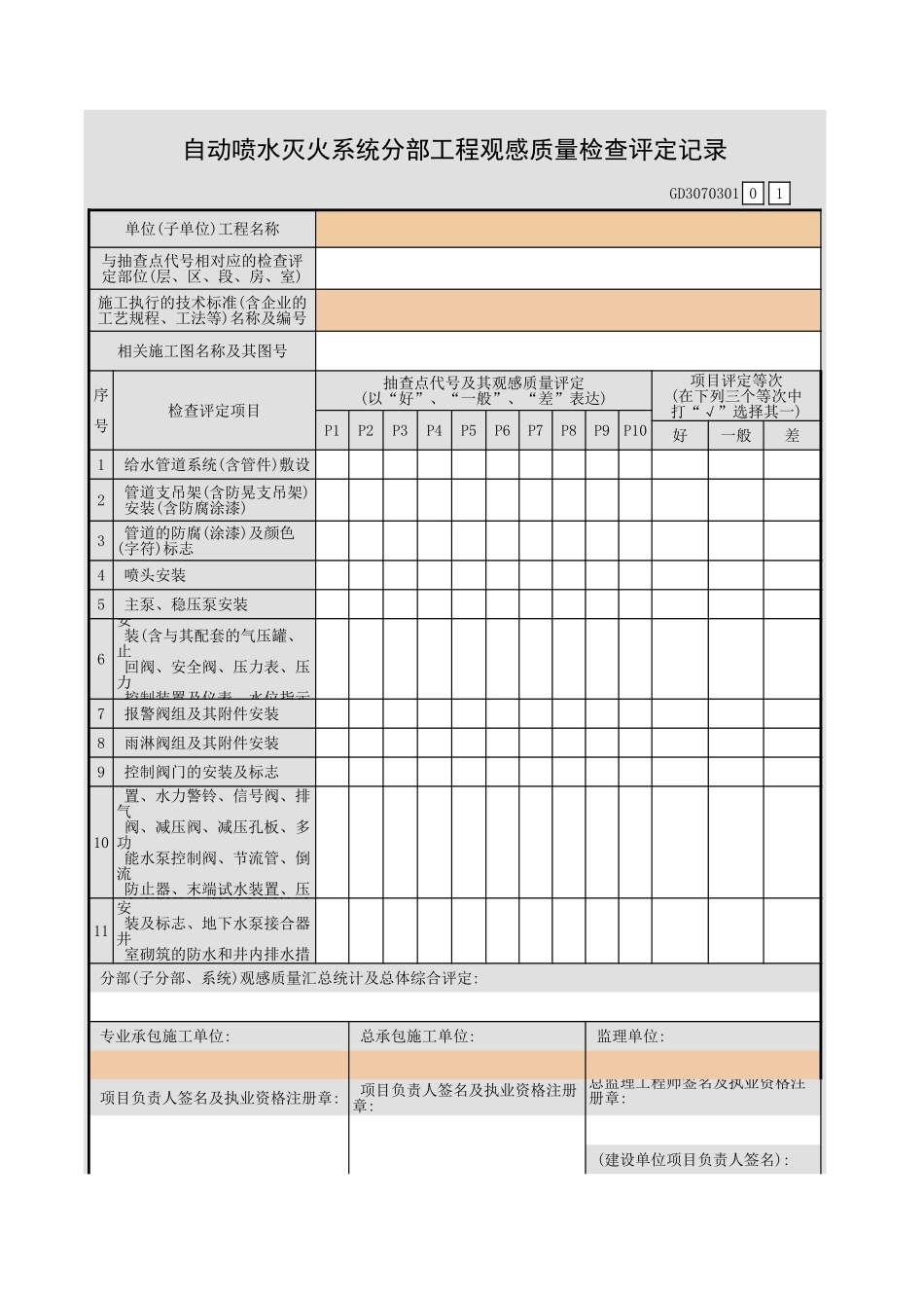 自动喷水灭火系统分部工程观感质量检查评定记录GD3070301.xls_第1页