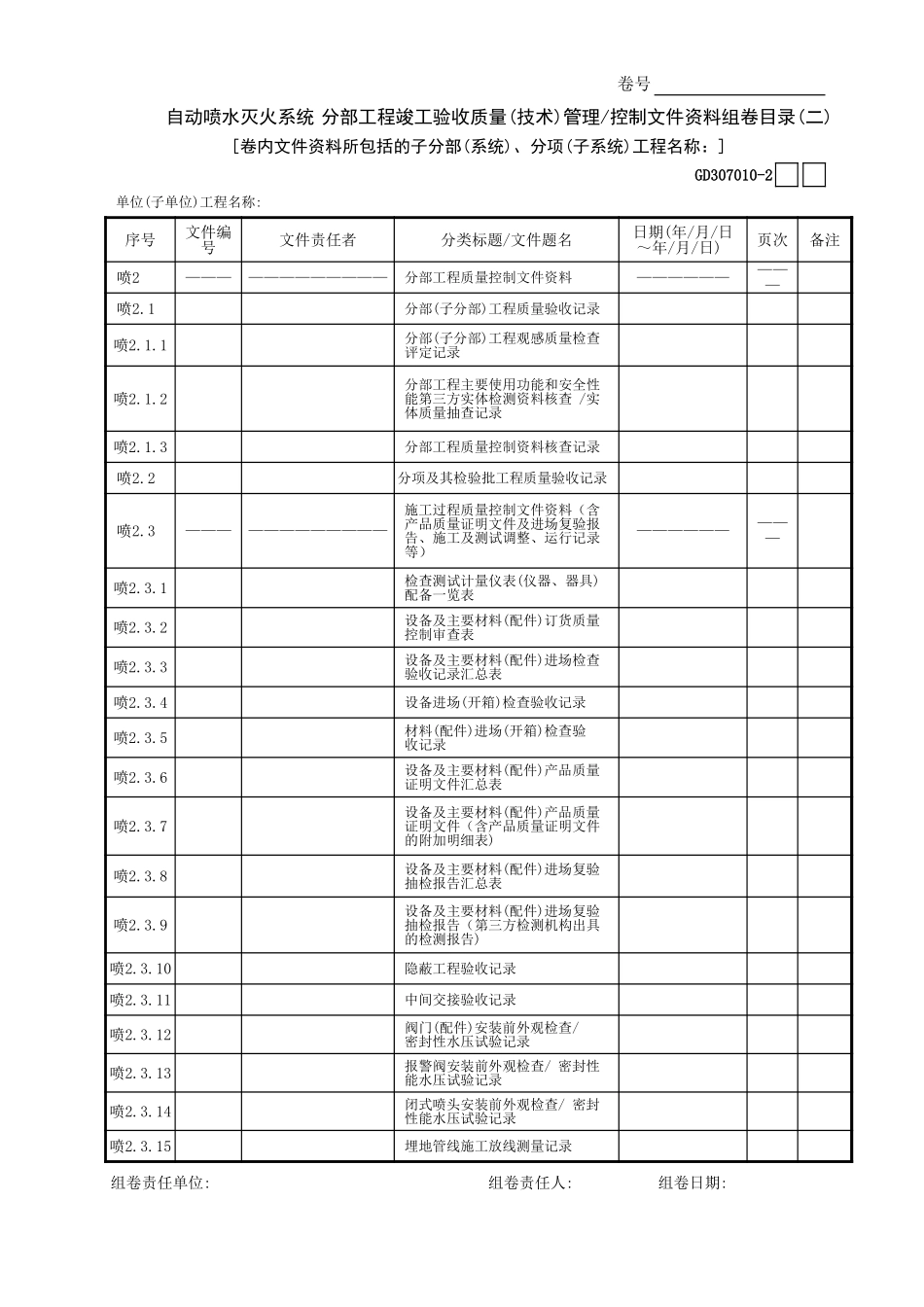 自动喷水灭火系统分部工程竣工验收质量(技术)管理—控制文件资料组卷目录(2)GD3070101.xls_第1页