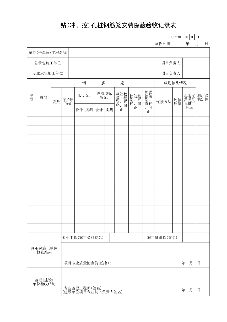 钻(冲、挖)孔桩钢筋笼安装隐蔽验收记录表GD2301101.xls_第1页