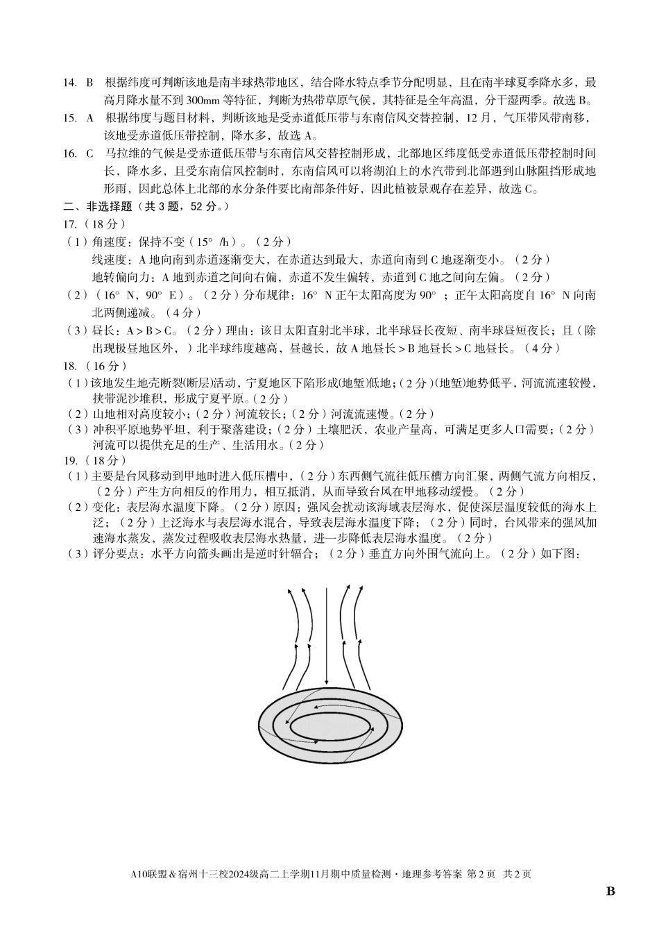 【地理答案】（B卷）A10联盟＆宿州十三校2024级高二上学期11月期中质量检测地理答案B.pdf_第2页