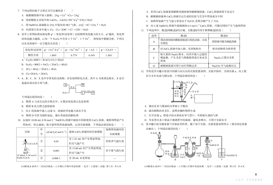 【化学】(B卷)A10联盟&宿州十三校2025级高一上学期11月期中质量检测化学(人教版)B.pdf_第2页