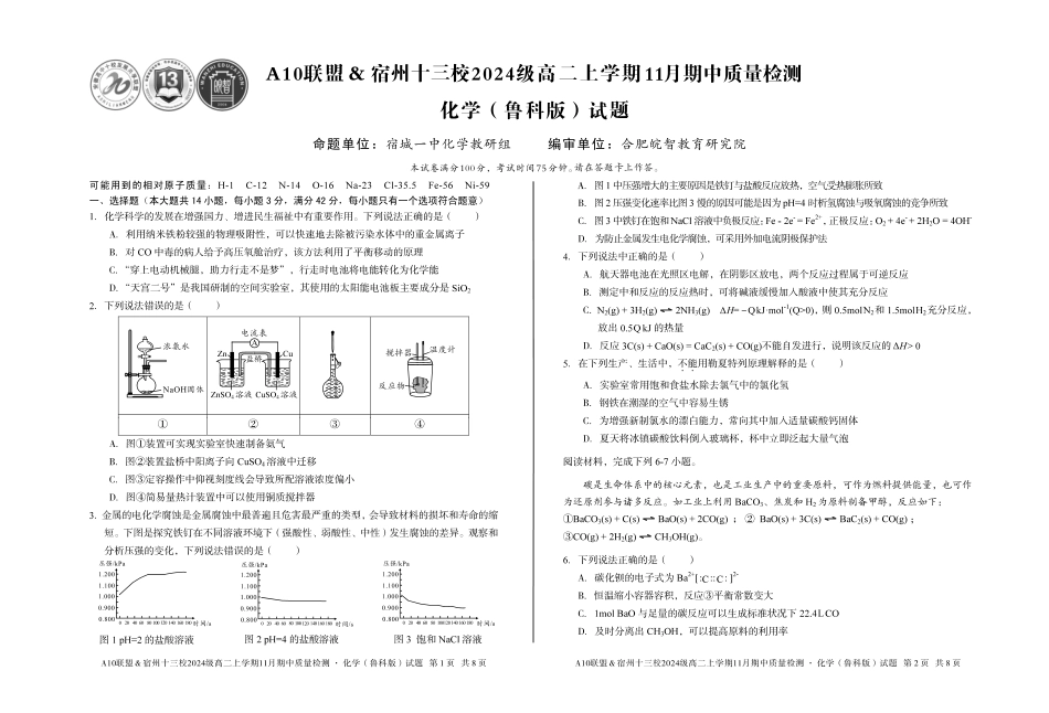 【化学】A10联盟&宿州十三校2024级高二上学期11月期中质量检测化学(鲁科版).pdf_第1页