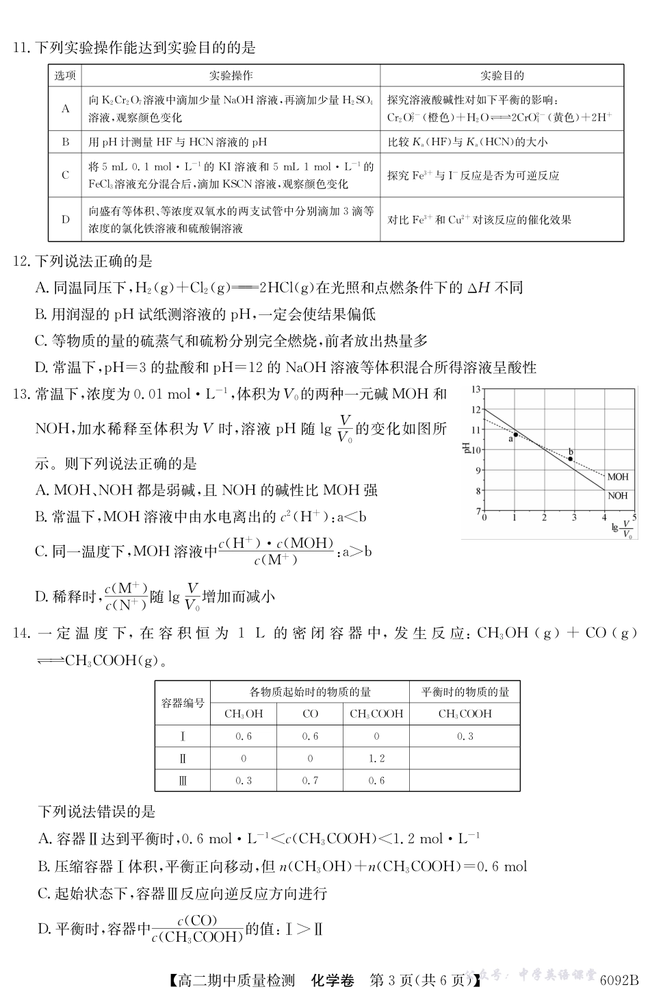 【化学】安徽省华师联盟2025~2026学年秋季学期高二期中质量检测(6092B).pdf_第3页