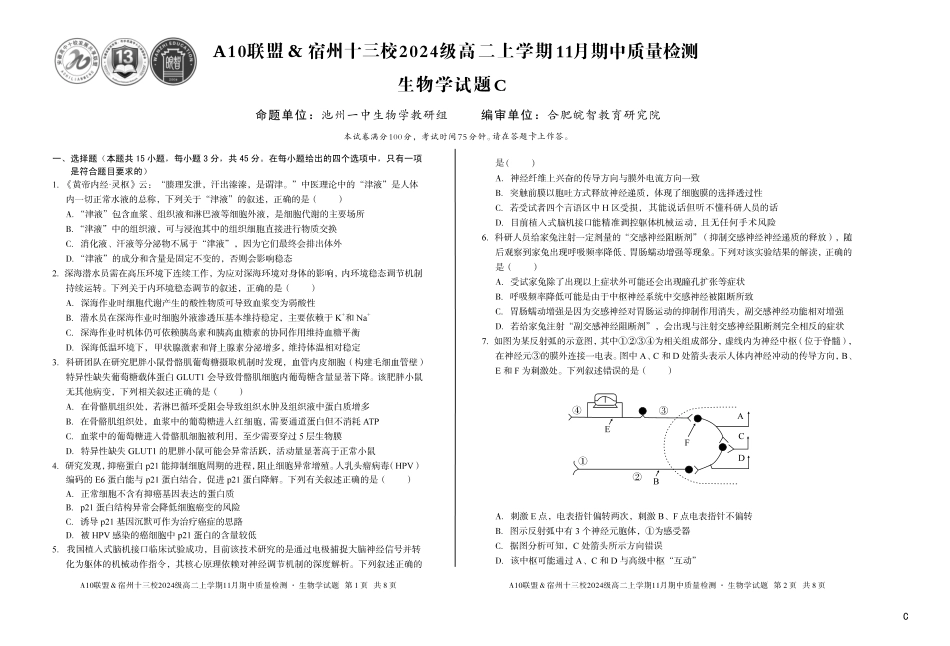 【生物】（C卷）A10联盟＆宿州十三校2024级高二上学期11月期中质量检测生物学c.pdf_第1页