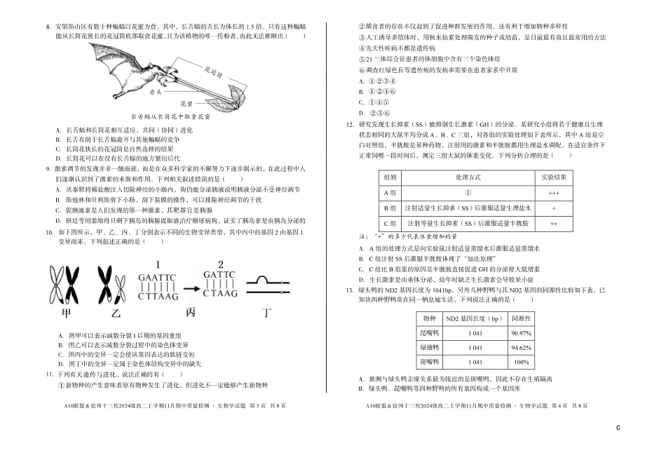 【生物】（C卷）A10联盟＆宿州十三校2024级高二上学期11月期中质量检测生物学c.pdf_第2页