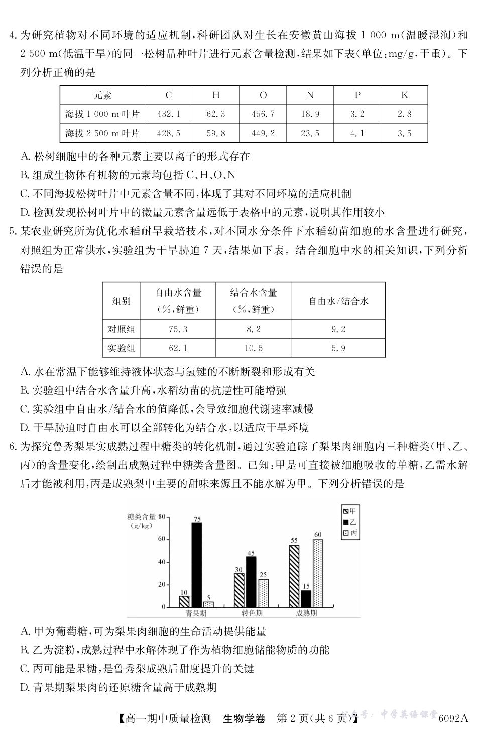 【生物】安徽省华师联盟2025~2026学年秋季学期高一期中质量检测（6092A）.pdf_第2页
