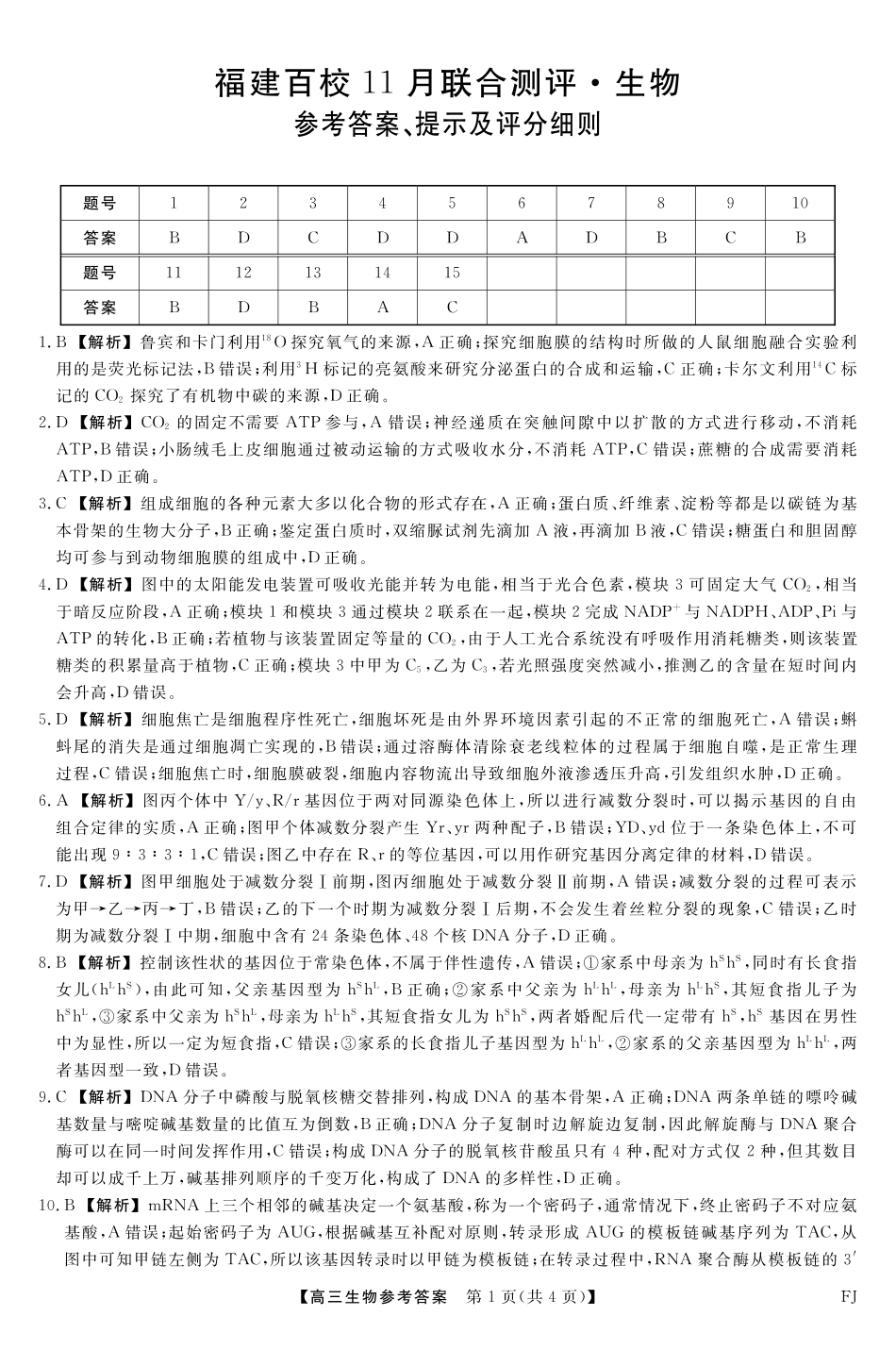 【生物答案】福建高三2025-2026学年百校11月联考.pdf_第1页