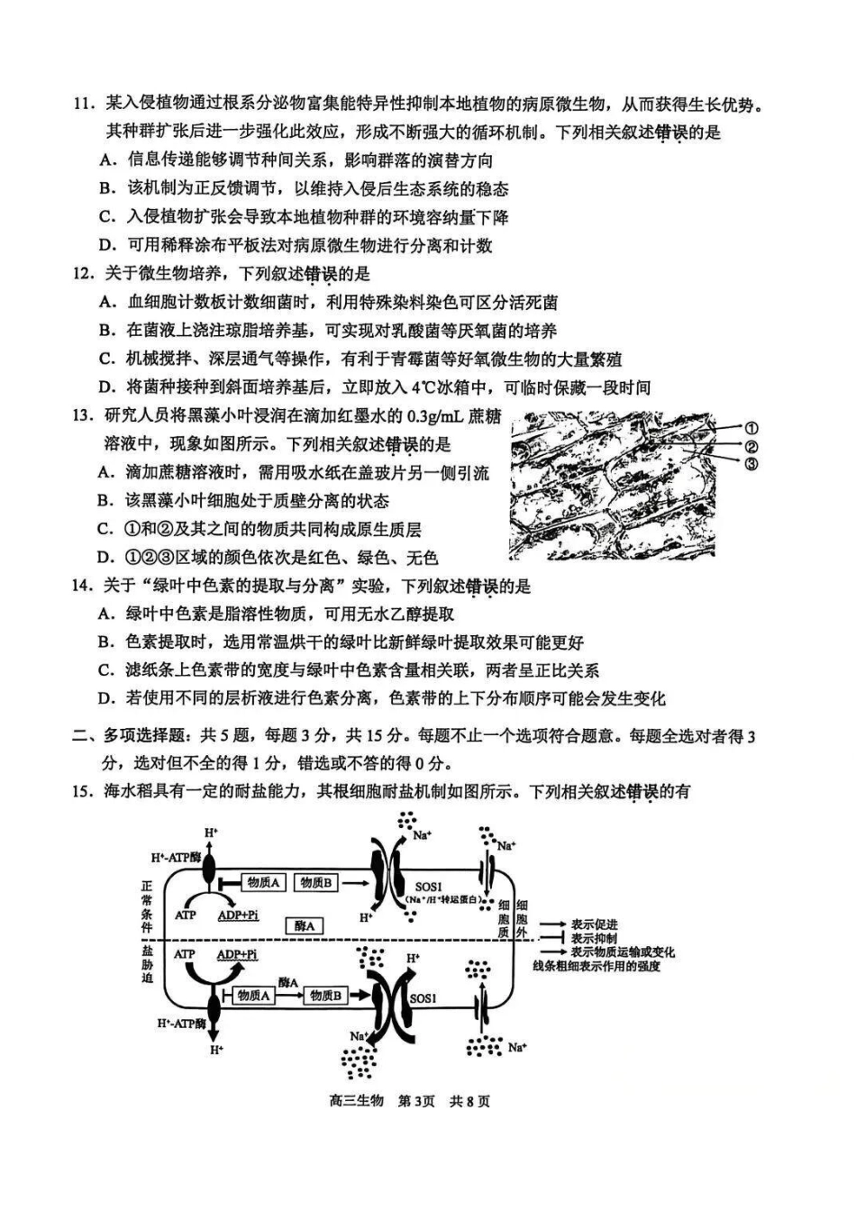【生物试卷】江苏省苏州市2026届高三年级上学期期中阳光调研卷(11.17-11.19).pdf_第3页