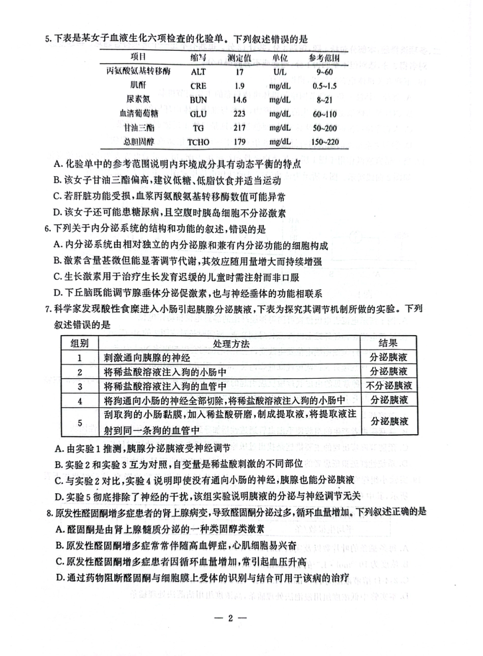 【生物试卷+答案】江苏省南京市2025-2026学年度第一学期高二年级期中学情调研测试(11.13-11.14).pdf_第2页