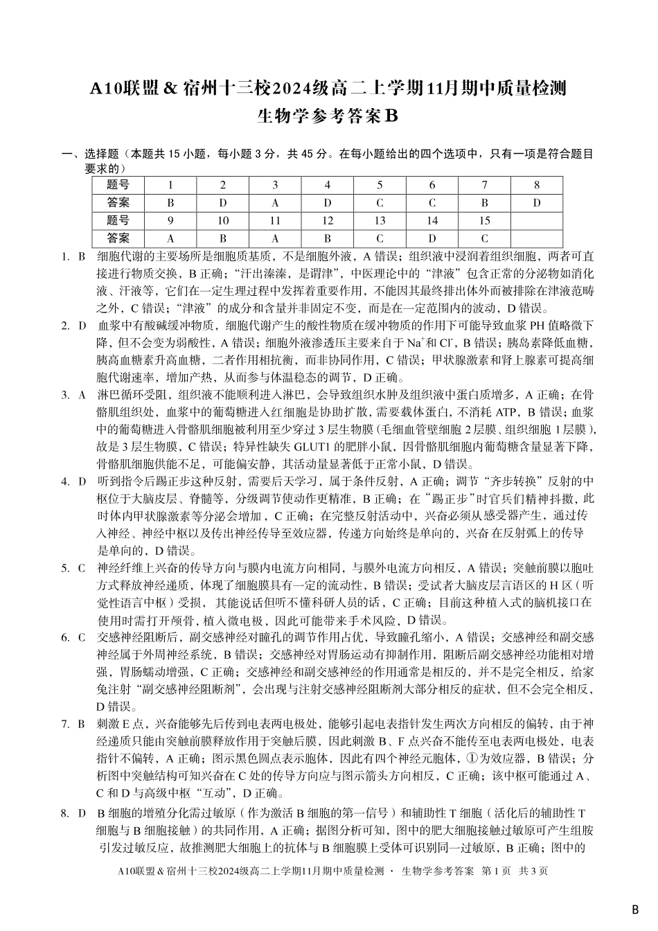 【生物学答案】（B卷）A10联盟＆宿州十三校2024级高二上学期11月期中质量检测生物学答案B.pdf_第1页