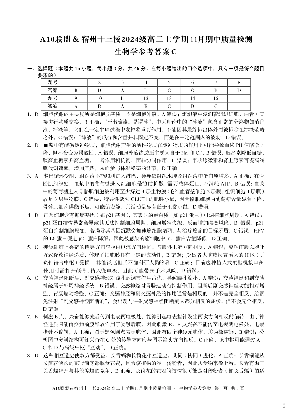 【生物学答案】（C卷）A10联盟＆宿州十三校2024级高二上学期11月期中质量检测生物学答案c.pdf_第1页
