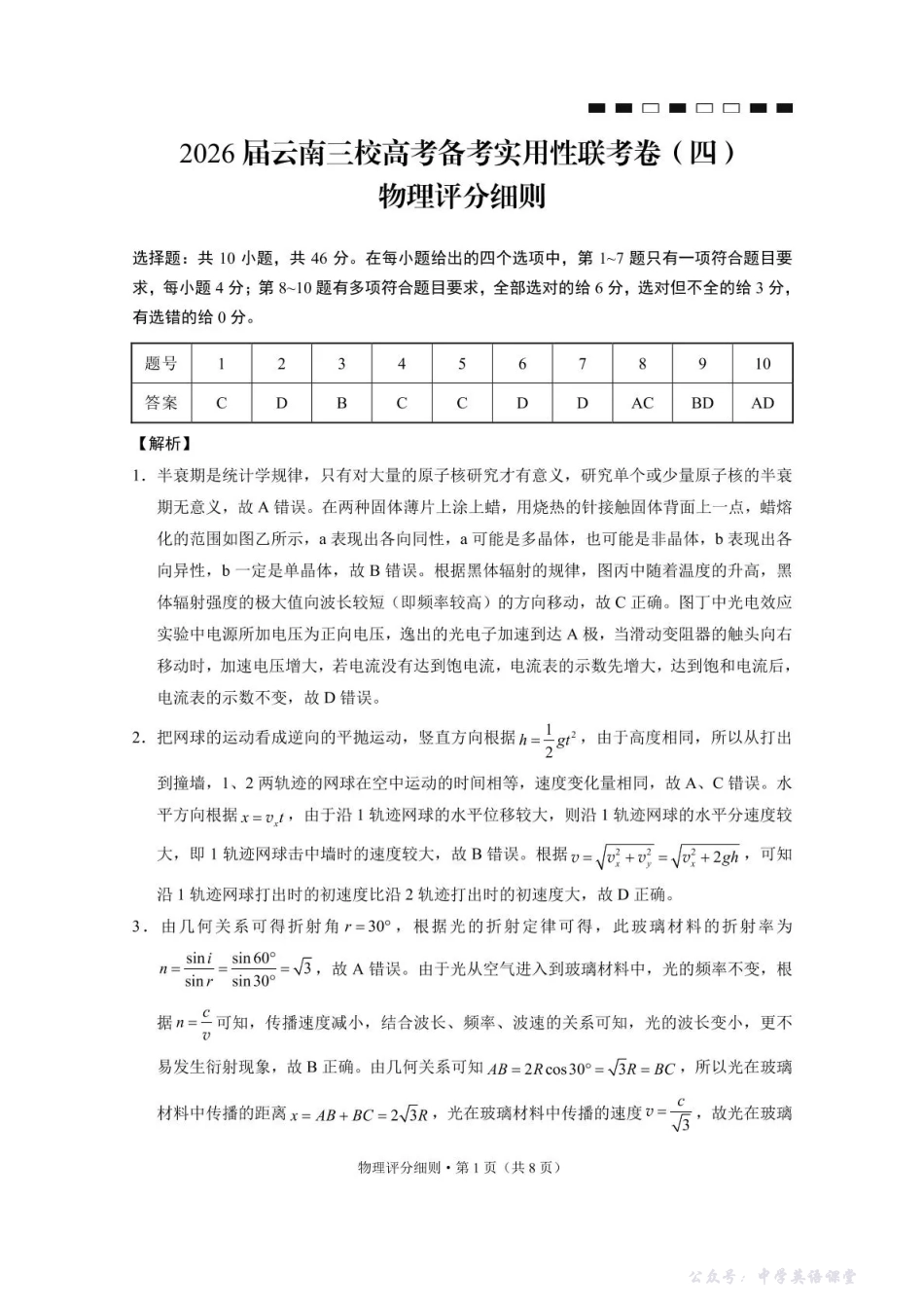2026届云南三校高考备考实用性联考卷（四）物理答案.pdf_第1页