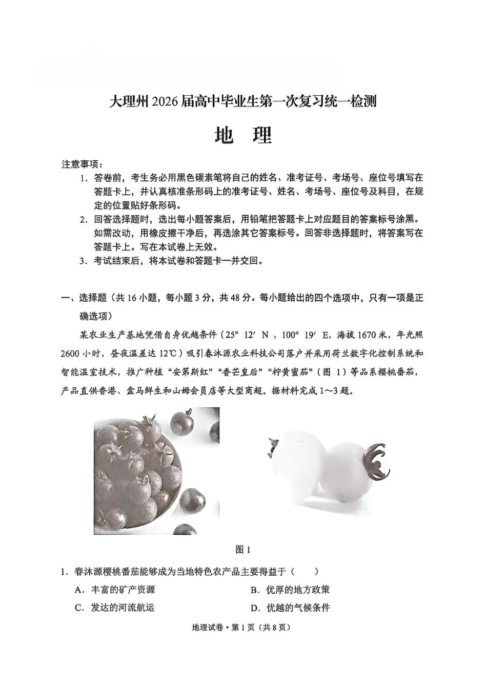 地理试卷【云南卷】云南省大理州2026届高中毕业生第一次复习统一检测(大理州一统)(11.12-11.14).pdf_第1页