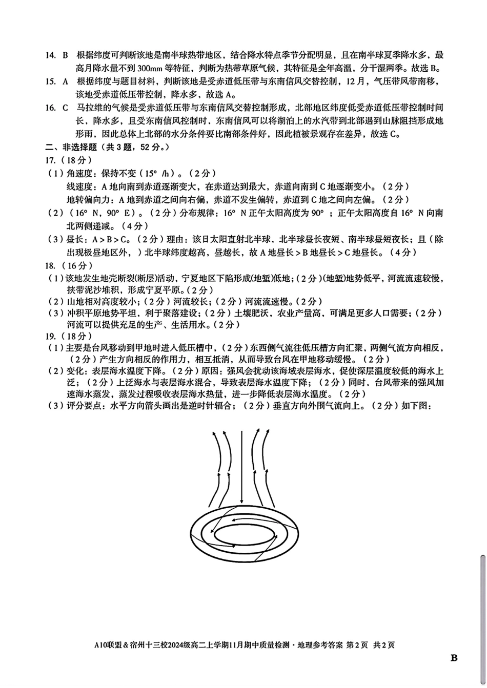 地理试卷答案安徽省A10联盟&宿州十三校2024级(2027届)高二上学期11月期中质量检测(11.18-11.19).pdf_第2页