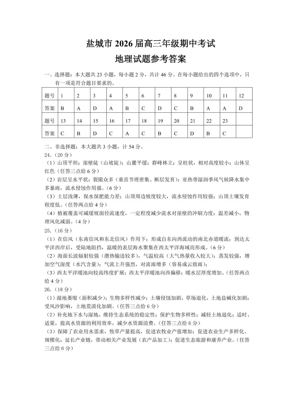 地理试卷答案江苏省盐城市2026届高三年级第一学期期中考试(11.17-11.19).pdf_第1页