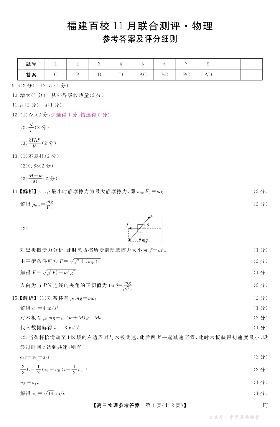 福建百校联考2025-2026学年高三11月期中联合测评物理答案.pdf_第1页