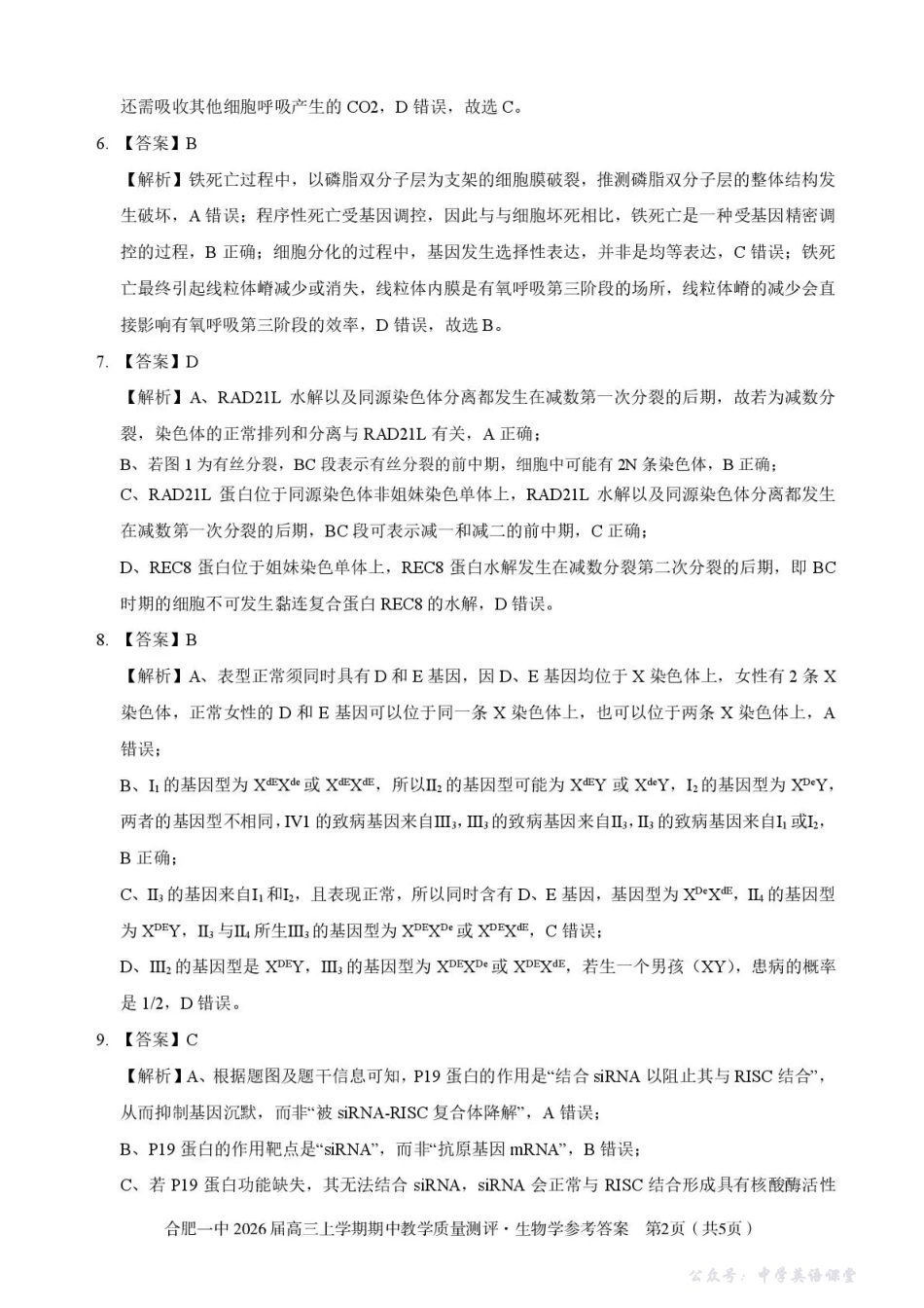 合肥一中2026届高三上学期期中教学质量测评生物答案.pdf_第2页