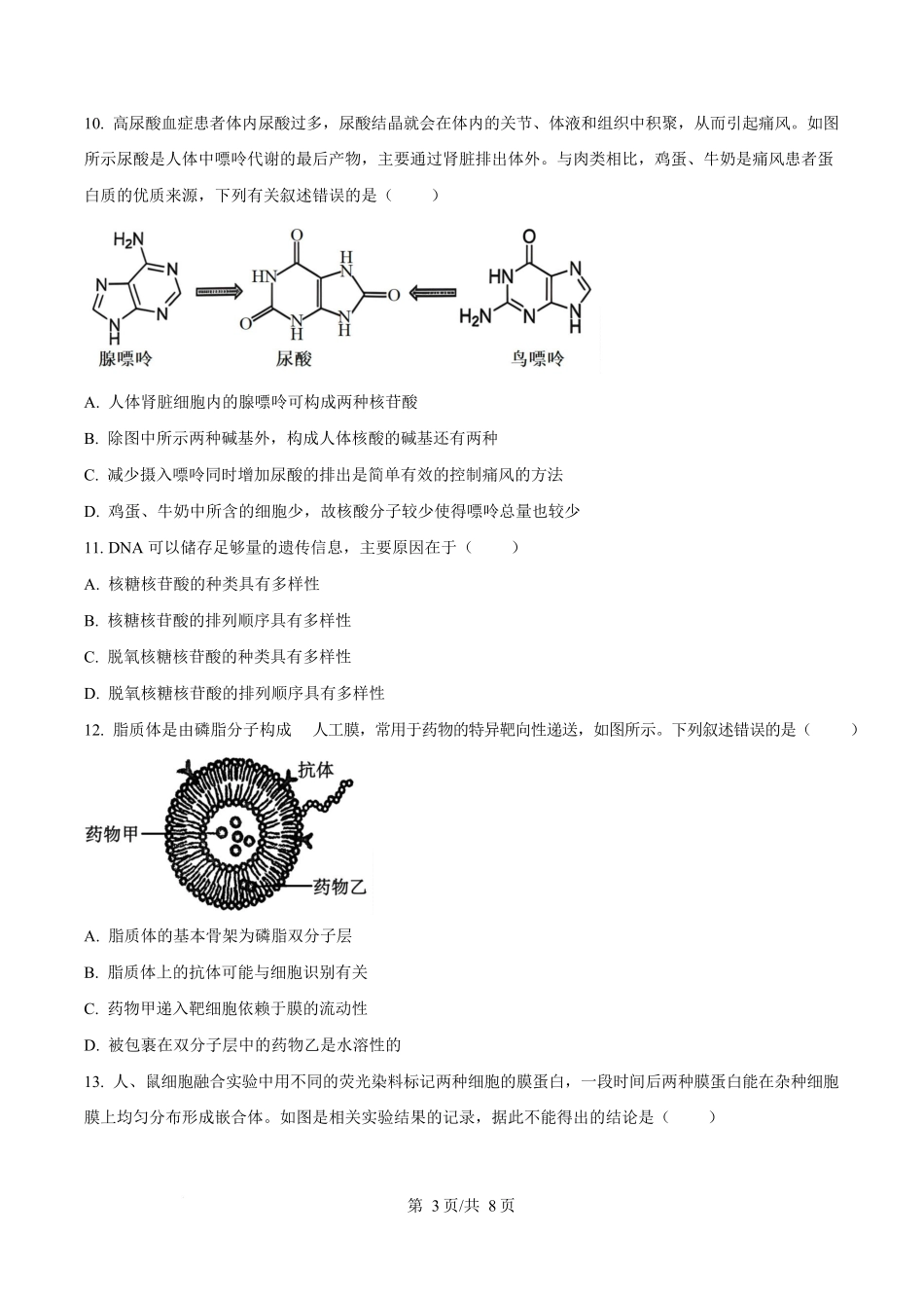 湖南省长沙市长郡中学2025-2026学年高一上学期11月期中生物试题（原卷版）.docx_第3页