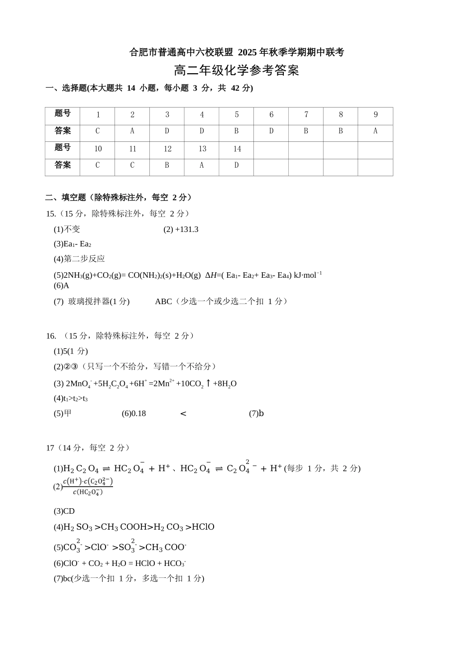 化学试卷答案安徽省合肥省普通高中六校联盟2025-2026学年第一学期高二上学期期中联考(11.13-11.14).docx_第1页