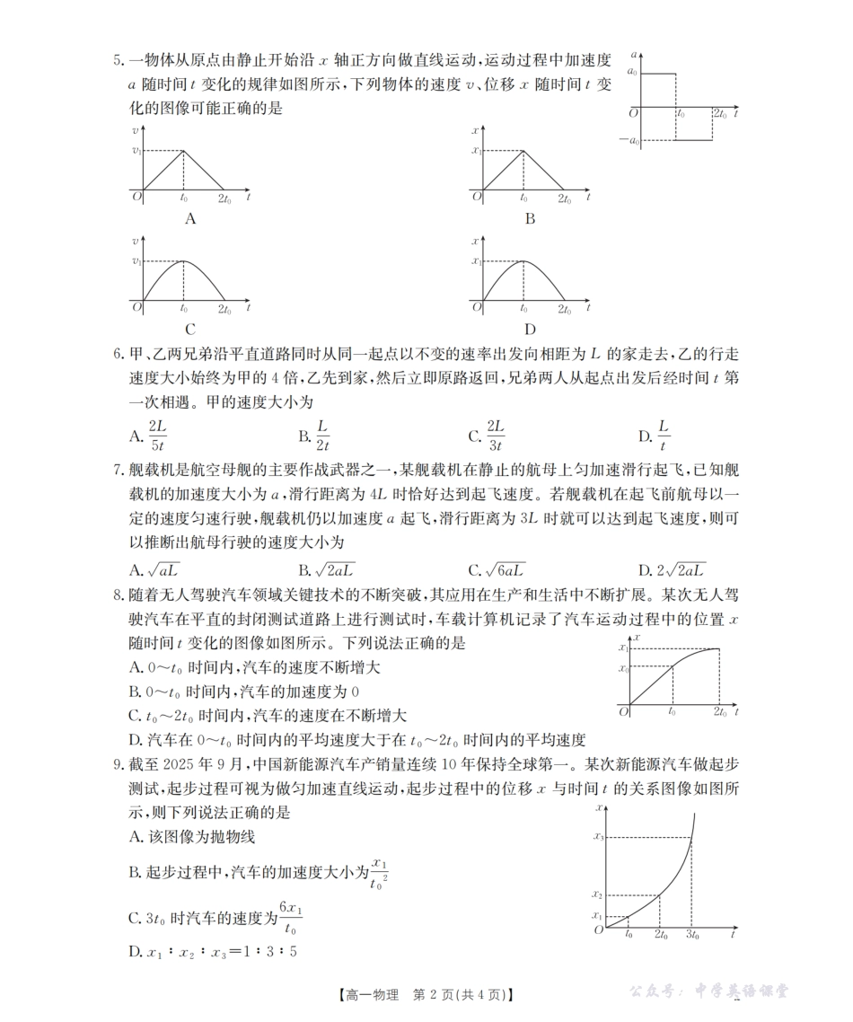 辽宁省葫芦岛市、县协作校2025-2026学年高一上学期第一次考试（26-71A）物理.pdf_第2页