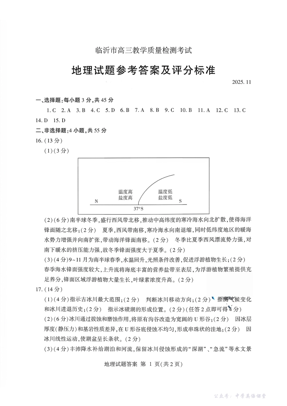 临沂市高三教学质量检测考试地理答案.pdf_第1页