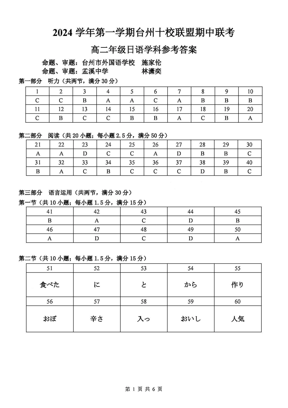 日语答案-24台州十校高二期中.pdf_第1页
