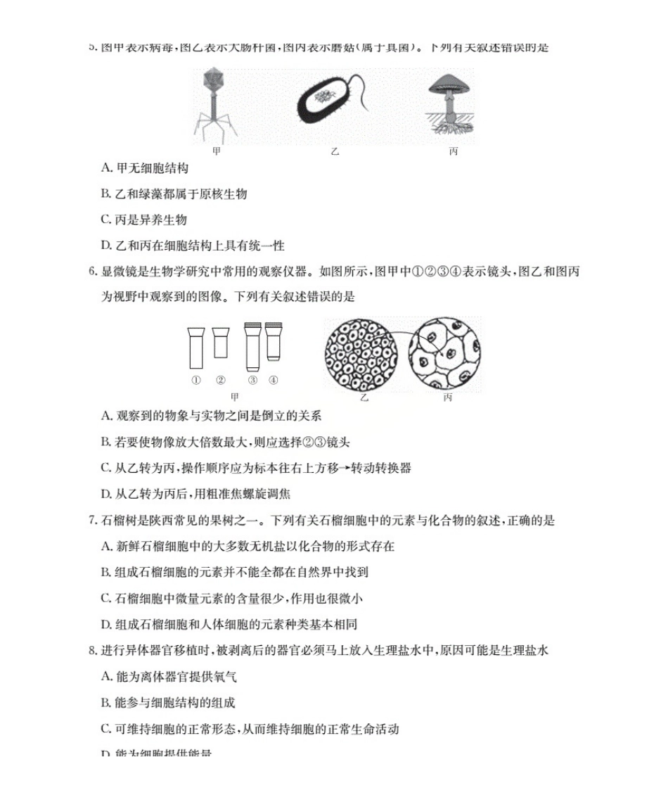 生物试卷(26-55A)【高一】陕西省2028届高一年级上学期0月联考（26-55A）.pdf_第2页