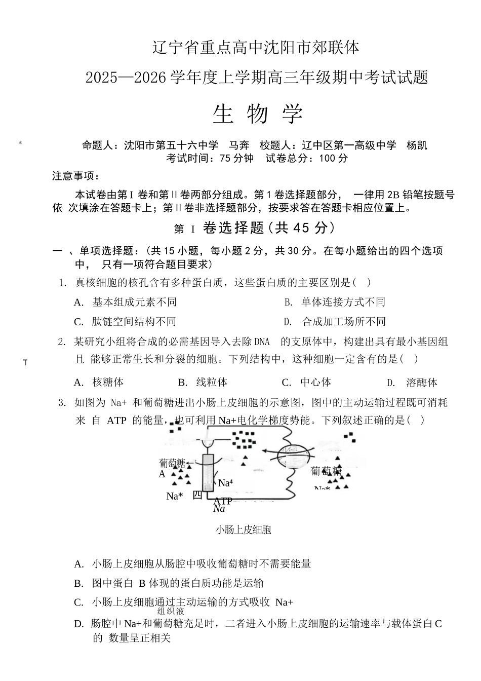生物试卷【黑吉辽蒙卷】辽宁省重点高中沈阳市郊联体2025-2026学年度上学期高三年级期中考试(11.12-11.13).docx_第1页