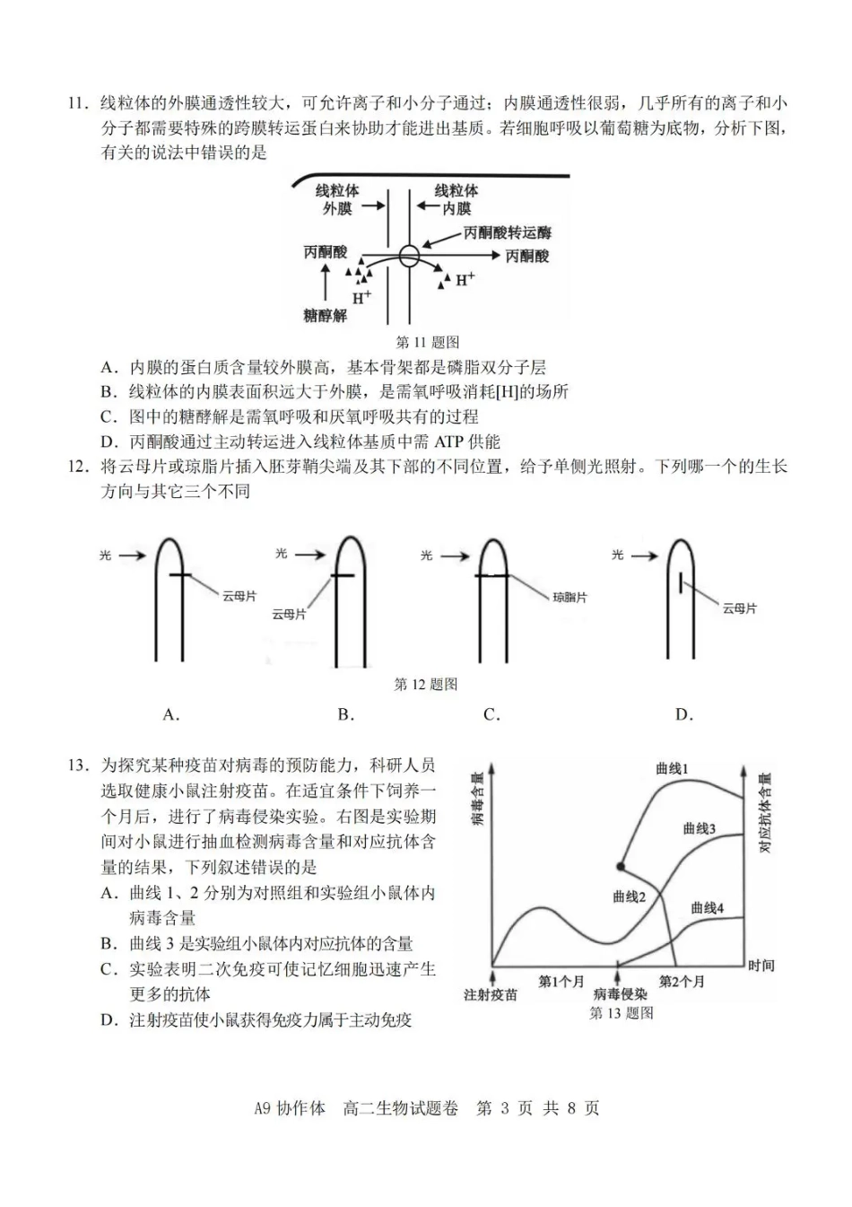 生物试卷+答案浙江省A9协作体2025学年第一学期高二年级上学期期中联考（11.11-11.13）.pdf_第3页