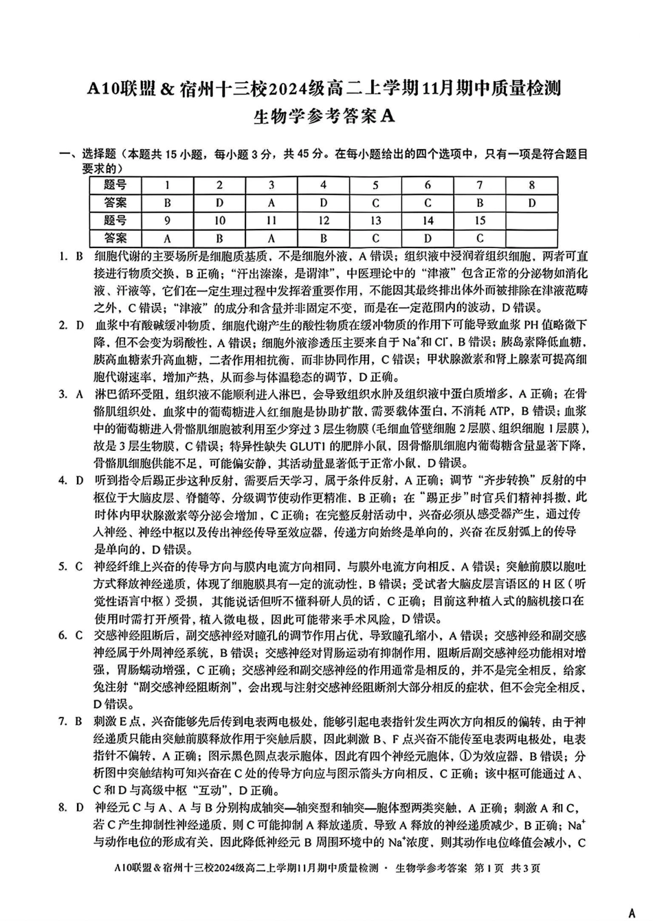 生物试卷答案安徽省A10联盟&宿州十三校2024级(2027届)高二上学期11月期中质量检测(11.18-11.19).pdf_第1页