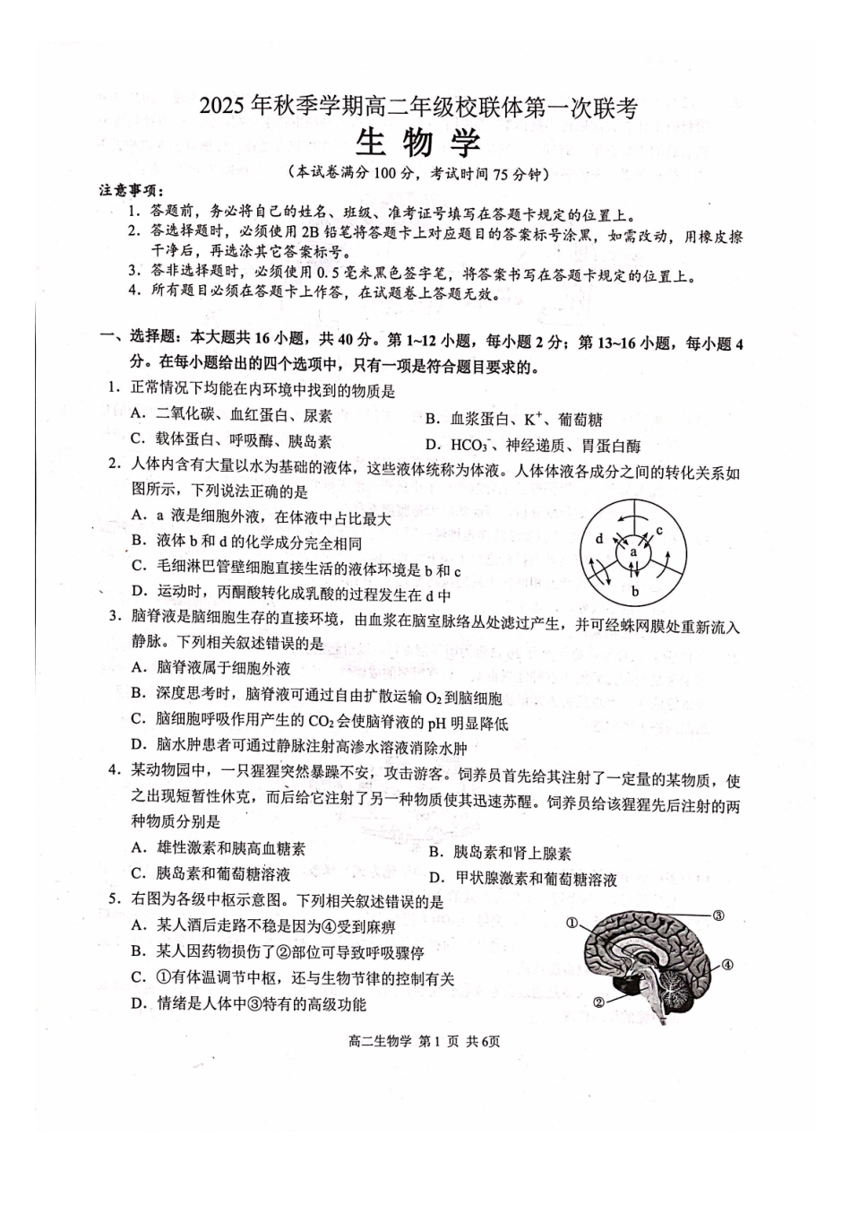 生物试卷广西壮族自治区河池市十校联考2025年秋季学期高二年级上学期第一次联考(0.7-0.8).pdf_第1页