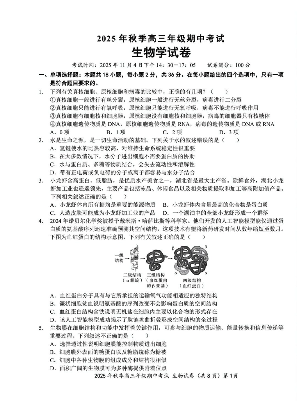 生物试卷湖北省鄂东南教育联盟2025年秋季高三年级期中考试(.3-.4).pdf_第1页