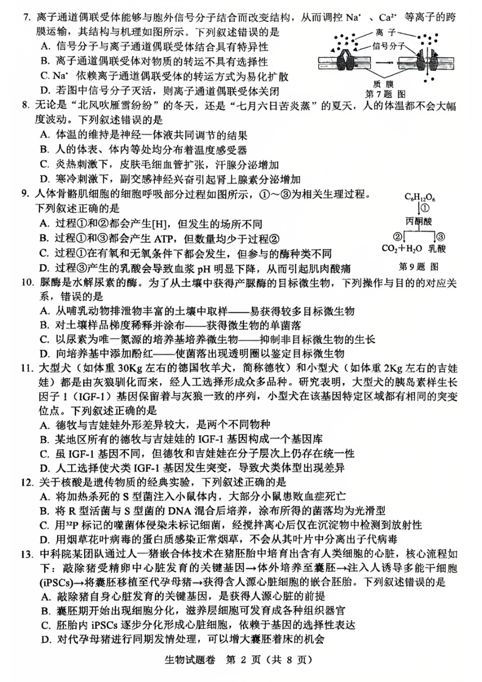 生物试卷-温州市普通高中2026届高三第一次适应性考试.pdf_第2页