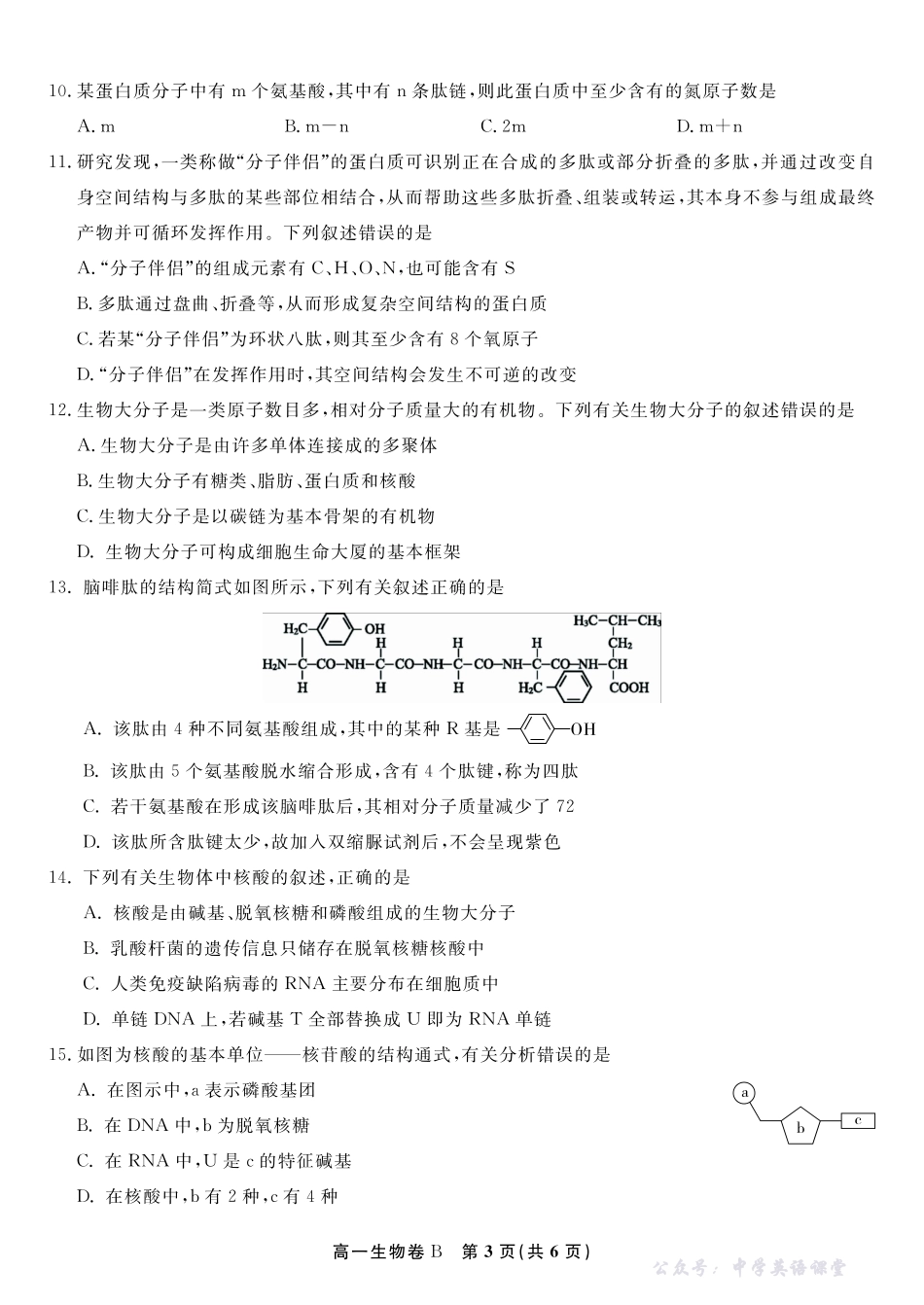 生物试题B安徽省皖江名校联盟2025-2026学年高一上学期期中联考.pdf_第3页