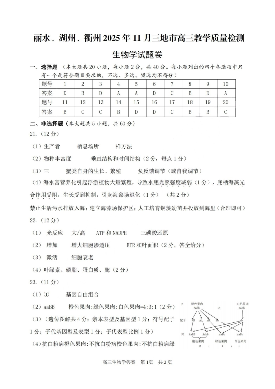 生物试题答案浙江省丽水、湖州、衢州2025年月三地市高三教学质量检测(湖丽衢一模)(.5-.7).pdf_第1页
