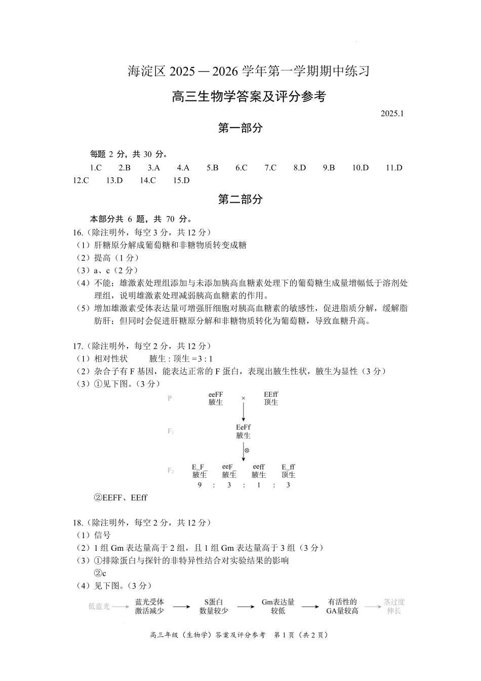 生物试题卷答案【北京卷】北京市海淀区2025-2026学年度第一学期2026届高三期中练习(.4-.6).pdf_第1页