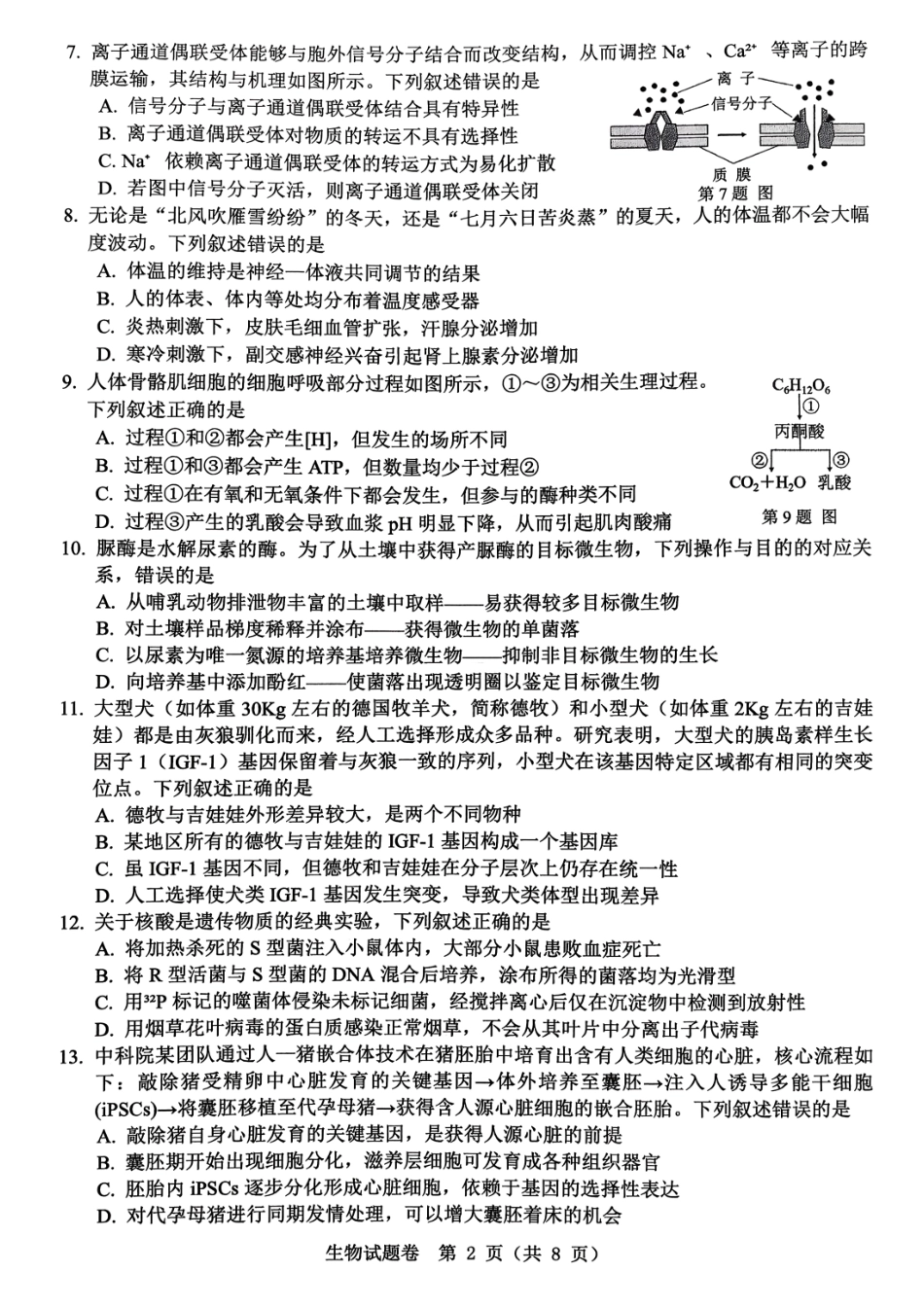 生物试题卷浙江省温州市普通高中2026届高三第一次适应性考试(温州一模)(11.19-11.21).pdf_第2页
