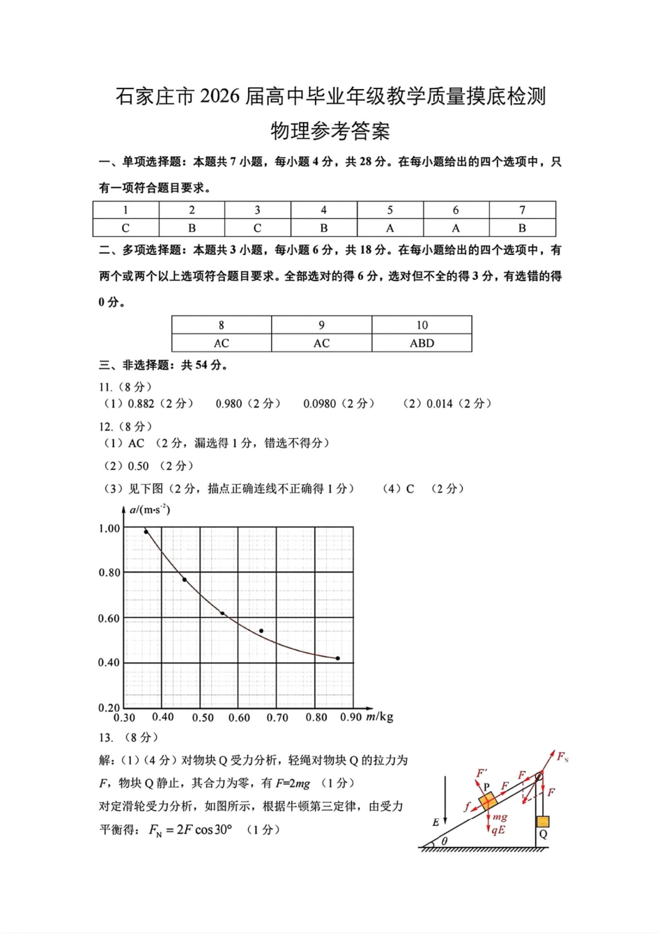 石家庄市2026届普通高中学校毕业年级教学质量摸底检测物理答案.pdf_第2页