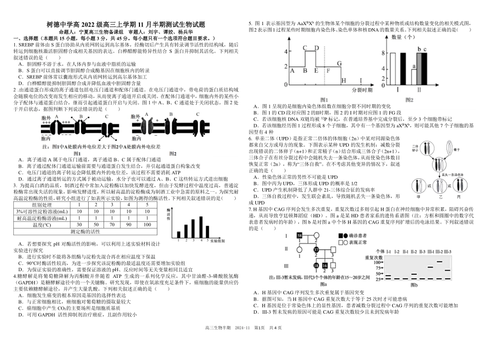 四川省成都市树德中学2024-2025学年高三上学期期中考试生物试题含答案().pdf_第1页