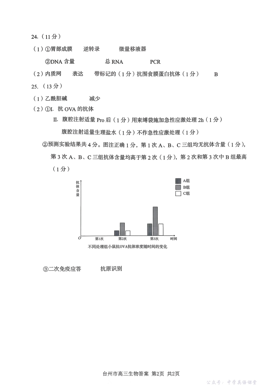 台州市2026届高三第一次教学质量评估试题生物答案.pdf_第2页