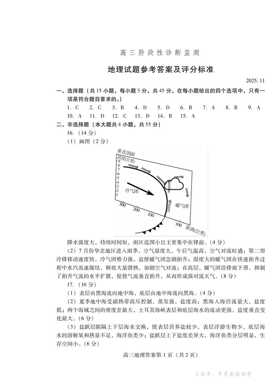 潍坊市2026届高三上学期11月阶段性诊断监测地理答案.pdf_第1页