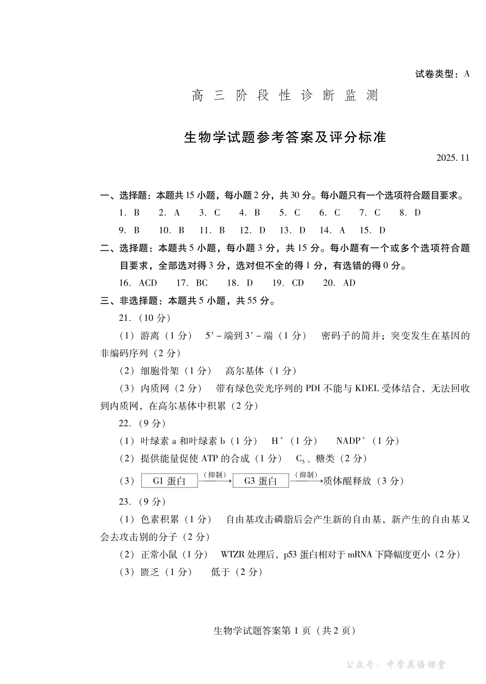 潍坊市2026届高三上学期11月阶段性诊断监测生物答案.pdf_第1页