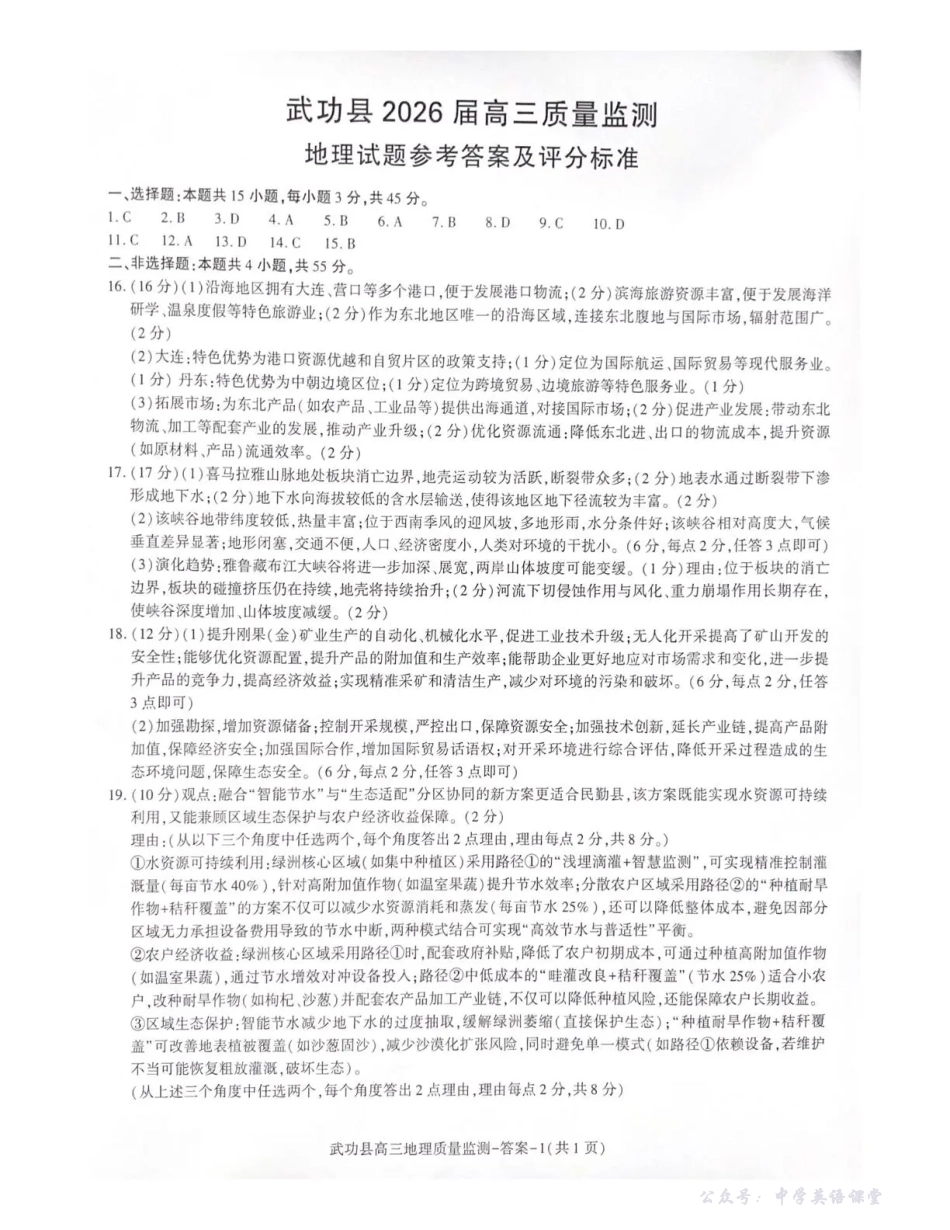 武功县2026届11月高三质量监测地理答案.pdf_第1页