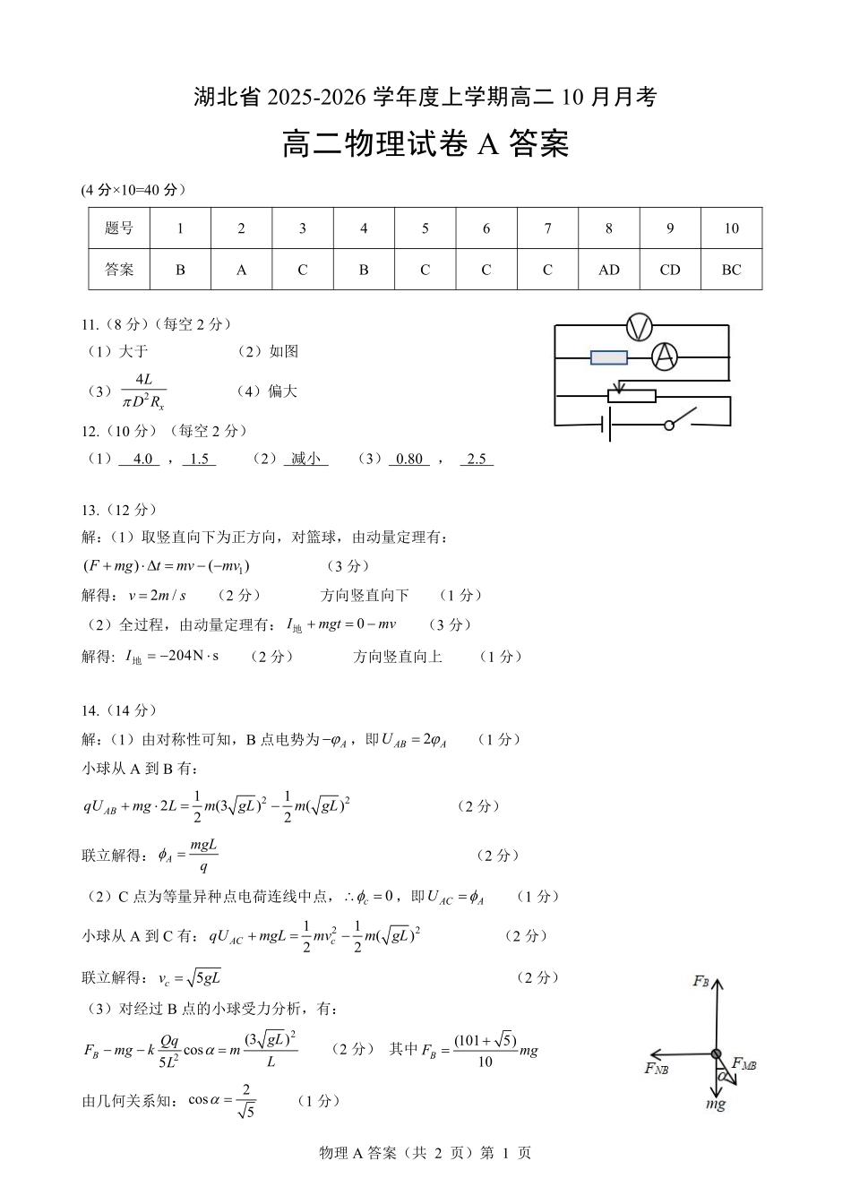物理A卷试卷答案【高二】湖北省新八校联考2025-2026学年度上学期高二0月月考（0.3-0.4）.pdf_第1页