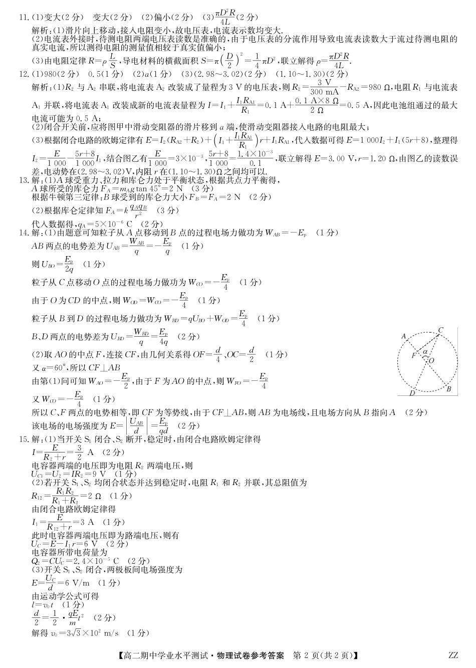 物理试卷(下标ZZ)答案河南省郑州市八校联盟2025-2026学年高二上学期11月期中学业水平测试考试(下标ZZ)(11.20-11.21).pdf_第2页