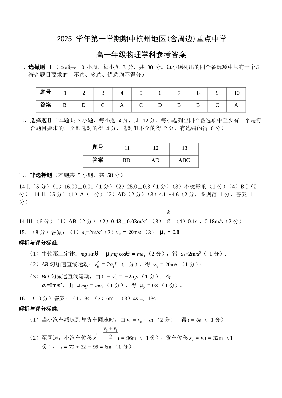 物理试卷答案【高一】浙江省杭州市地区(含周边)重点中学2025学年第一学期高一年级期中考试(11.10-11.12).docx_第1页