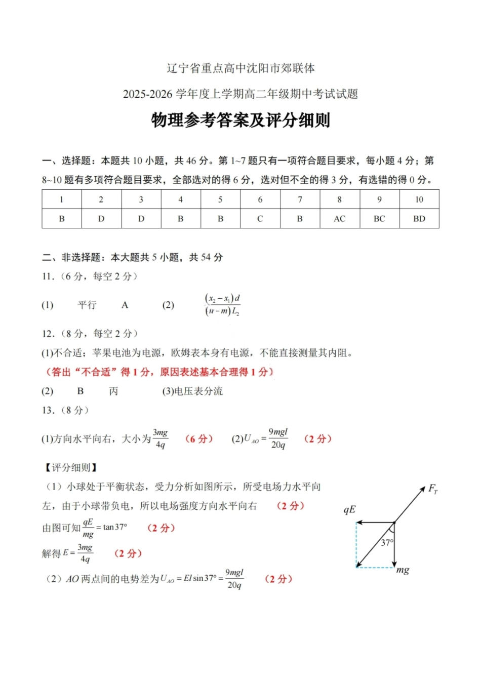 物理试卷答案【黑吉辽蒙卷】辽宁省重点高中沈阳市郊联体2025-2026学年度上学期高三年级期中考试(.2-.3).pdf_第1页
