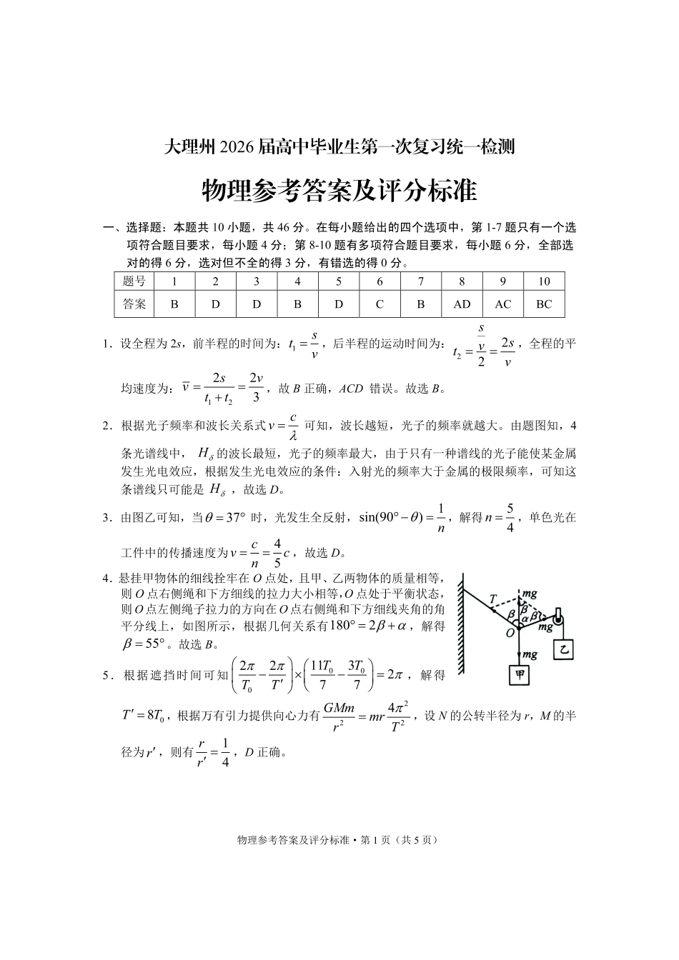 物理试卷答案【云南卷】云南省大理州2026届高中毕业生第一次复习统一检测(大理州一统)（11.12-11.14）.pdf_第1页