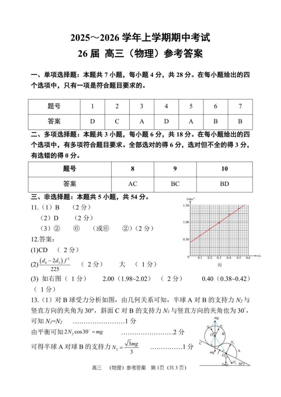 物理试卷答案河南省郑州市第一中学2025-2026学年上学期26届高三年级期中考试.pdf_第1页