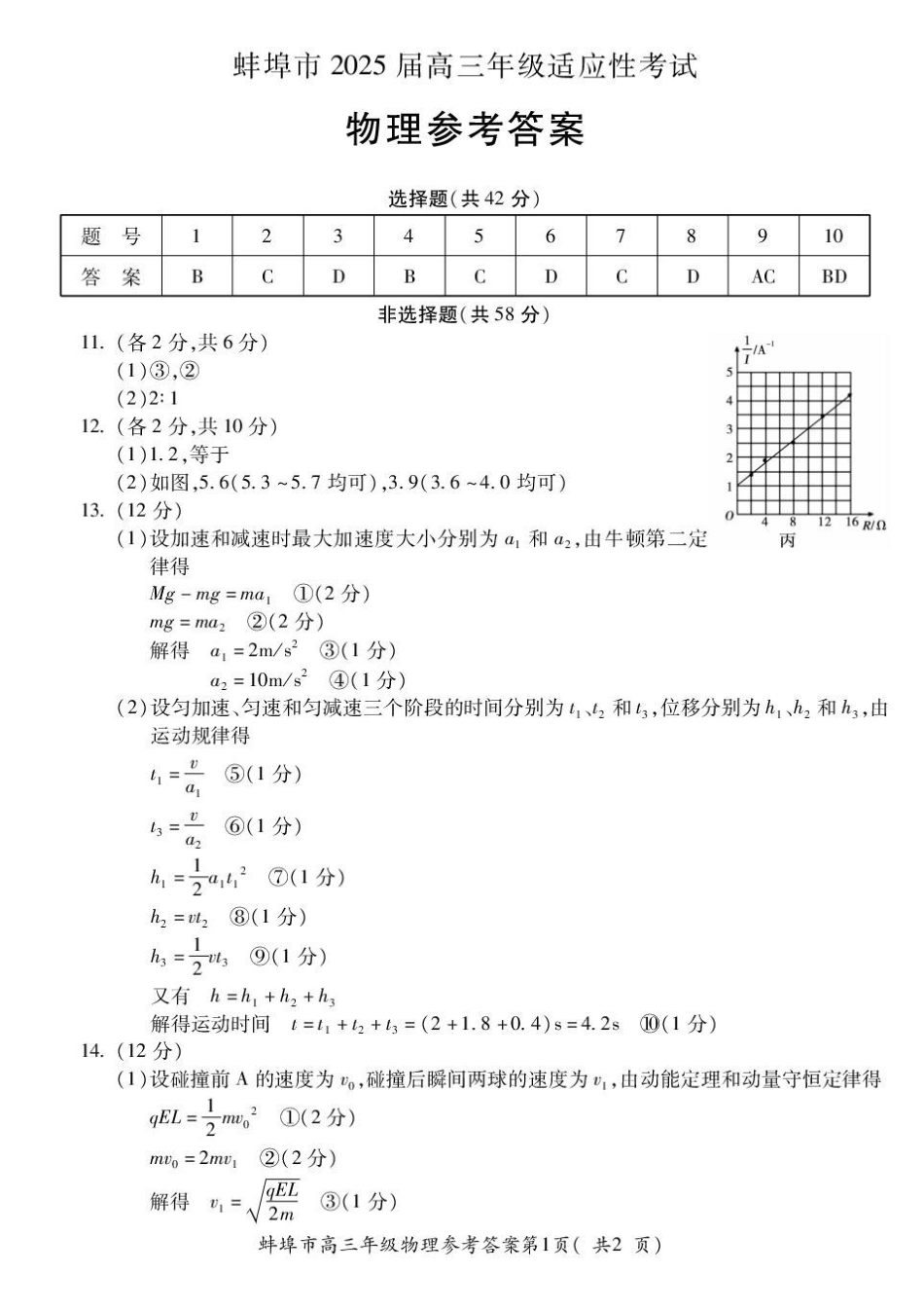 物理试题卷答案安徽省蚌埠市2025届高三4月适应性考试(蚌埠三模)(4.26-4.28).pdf_第1页